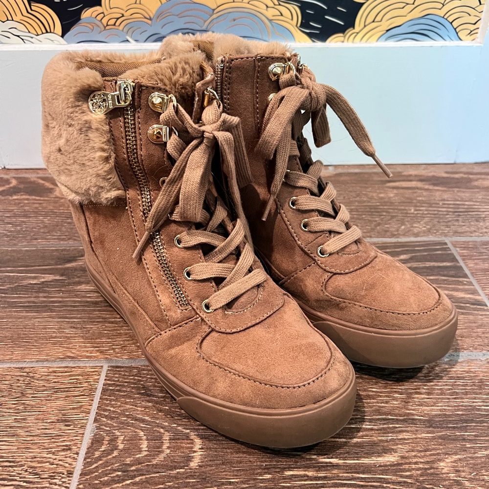 Guess Brown Lace-Up Fur Boots - Size 9